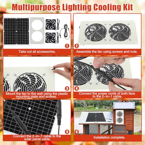 2 Set Solar Fan for Chicken Coop with Shed Light, 25W Panel Dual Exhaust Vent Kit, Waterproof 12V Solar Powered Ventilation System with Timer for Greenhouse, Pet House