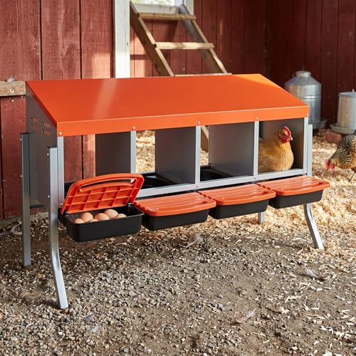 Metal Chicken Nesting Box - Heavy Duty Roll Away Nesting Boxes for Chickens Coop with Easy-Collect Tray & Lid, 4 Hole Galvanized Steel Egg Laying Boxes for Hens Ducks, Wall Mount or Freestanding - color: Orange, size: 4 Holes with legs
