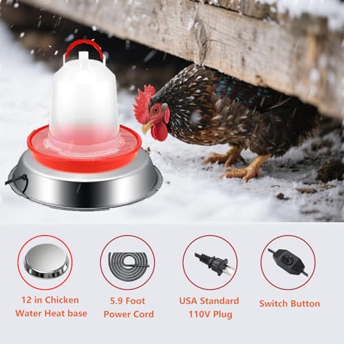 12in Chicken Water Heater, 5 Gallons Chicken Water Heater Base,Automatic Electric Poultry Winter Deicer Heated Base for Plastic/Metal Chicken Waterer