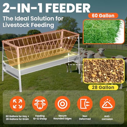 5 FT Pasture Feeder, 88 Gallon Large Livestock Feeder, Stainless Steel Frame, Easy to Assemble Goat Hay Feeder, Suitable for Farms, Ponies, Goats, Calves