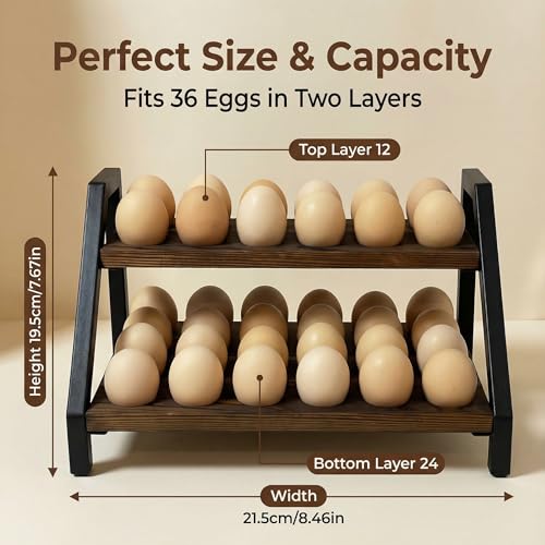 2-Tier Fresh Egg Holder Countertop, Wooden & Metal with Handle, 36 Eggs Capacity for All Kitchen Styles