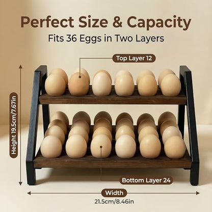 2-Tier Fresh Egg Holder Countertop, Wooden & Metal with Handle, 36 Eggs Capacity for All Kitchen Styles