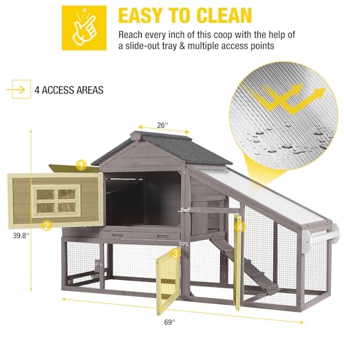 Aivituvin Chicken Coop Outdoor with Wheels, Mobile Hen House Wooden Poultry Cage with Run & Waterproof Roof (Grey with White)