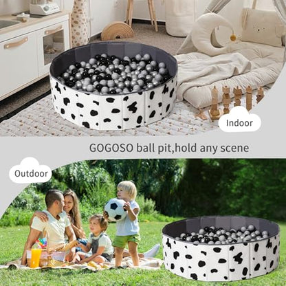 GOGOSO Foldable Ball Pit for Toddlers Large Foldable Puppy Dogs Cats Baby Infant Kids Portable Corner Ball-Pit Big Pop Up Collapsible Soft Play Tent Indoor Outdoor (Balls no Include) Black White Cow