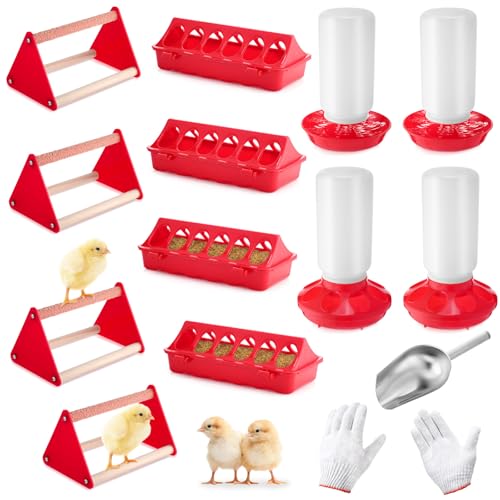 Honeydak 14 Pcs Chick Starter Kit Baby Chick Feeder and Waterer Set – Flip Top Poultry Feeder, 1l Water Dispensers, Perches, Gloves & Metal Feed Shovel for Ducklings, Quails Farming Supplies