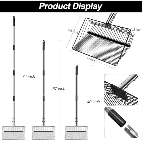 15 inch Large Chicken Poop Scooper for Poop With Glove 4 in 1 Multi-Func Heavy Duty Metal 25 to 74” Long Handle Chicken Coop Scoop Scooper for Sand Sifting Shovel for Chicken Coop Rake Cleaning Tools