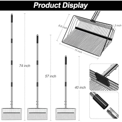 15 inch Large Chicken Poop Scooper for Poop With Glove 4 in 1 Multi-Func Heavy Duty Metal 25 to 74” Long Handle Chicken Coop Scoop Scooper for Sand Sifting Shovel for Chicken Coop Rake Cleaning Tools