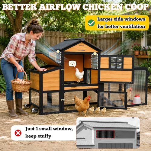 Portable Chicken Coop with Wheels Poultry Cage, Wooden Chicken Coop for 4-6 Chickens, Nesting Box, Pull-Out Tray, Ventilated Windows, Asphalt Weatherproof Roof, 81.5" Lx25.6 Wx44.1 H, Yellow - color: Yellow