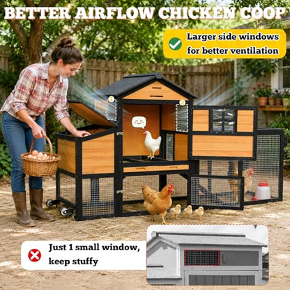 Portable Chicken Coop with Wheels Poultry Cage, Wooden Chicken Coop for 4-6 Chickens, Nesting Box, Pull-Out Tray, Ventilated Windows, Asphalt Weatherproof Roof, 81.5" Lx25.6 Wx44.1 H, Yellow - color: Yellow