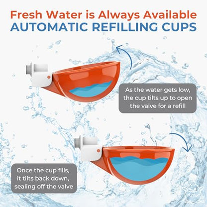 Lil'Clucker Large Automatic Chicken Waterer Cups with 1/2" PVC Tee Fittings - Chicken Water Cups, Chicken Water Feeder, for Chicks, Duck, Goose, Turkey - Poultry Waterer Feeder Kit (Orange, 5-Pack) - size: 5-Pack
