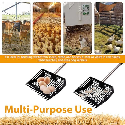 Chicken Poop Scooper & Rake,Metal Coop Scoop for Poop Sand with 35" to 62" Adjustable Stainless Steel Handle,Cleaning Supplies for Chicken Coops & Animals House