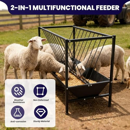 70 Gallon Livestock Hay Feeder, Metal Hay Rack with 25 Gallon Feeding Trough, Dual-Purpose Feeder for Goats, Sheep, Calves, Cows and Horses, Durable for Pasture Feeding