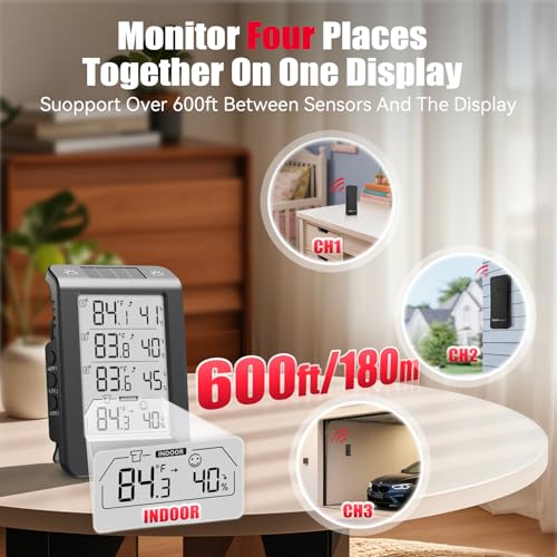 BaldrTherm Indoor Outdoor Thermometer Wireless, Temperature Humidity Monitor with 3 Remote Sensors, 4.8" Digital Display 330ft Range Real-Time Alerts Smart Backlight Hygrometer Thermometer, Black