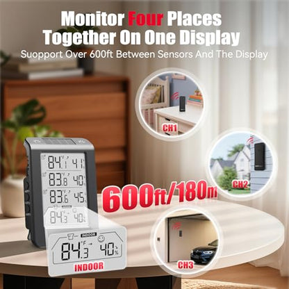 BaldrTherm Indoor Outdoor Thermometer Wireless, Temperature Humidity Monitor with 3 Remote Sensors, 4.8" Digital Display 330ft Range Real-Time Alerts Smart Backlight Hygrometer Thermometer, Black