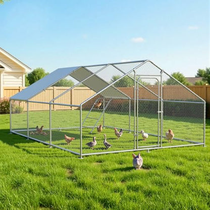 Large Metal Chicken Coop with Roosting Perch, Waterproof and UV-Resistant Cover,Outdoor Walk-in Cage Hen House for Yard Farm Rabbit Duck Chicken Run with Spire Roof(19.7'W x 13.1'L x 6.4'H) - size: 236.0"L x 157.5"W x 78.0"H