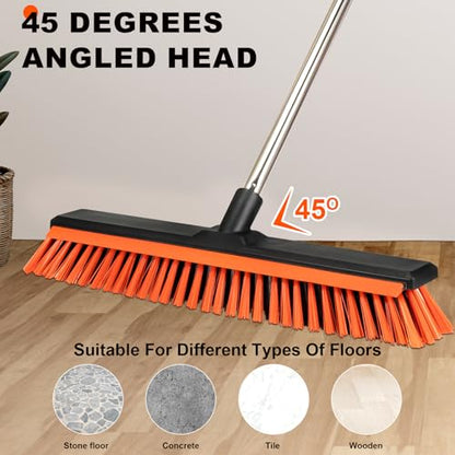 18" Push Broom Outdoor with Rubber Squeegee,Heavy Duty Broom Brush with Handle,Stiff Bristles for Patios and Deck Dirt Garage Warehouse Driveway Concrete Floor Cleaning Scrubbing