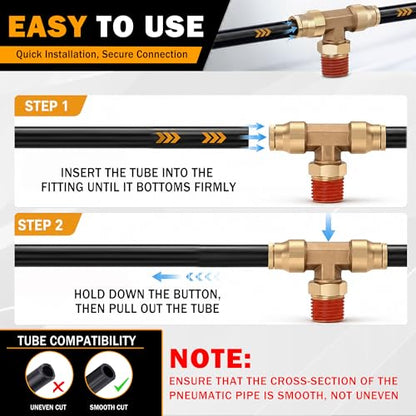 3/8" DOT Air Line Fittings Tee, 3PCS Brass Air Brake Fittings 3/8" Tube OD × 1/4" NPT × 3/8" Tube OD Push to Connect Tee Union to Male Pipe Swivel for Truck Trailers Air Brake System - size: 3/8" OD & 1/4" NPT, style: NPT Tee
