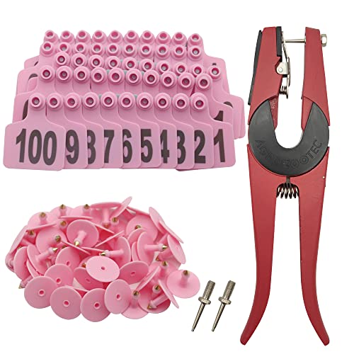 Cattle Ear Tags 001-100 Number Plastic Livestock Animal Tag for Cows Ear Tag Applicator Kit (Pink) - color: Pink