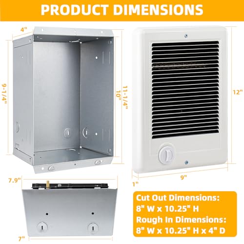 Electric Wall Heater Complete Unit with Thermostat,Replace Model CSC151TW,Part 67509,5120 BTU,1500 Watt,120V In Wall Heater Electric Hard-Wired Heater,Recess Efficient Centrifugal fan Fit Small Rooms