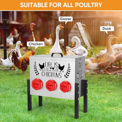 TGEYD 30 lb Chicken Feeder with 6 No-Waste Ports – Heavy-Duty Outdoor Metal Feeder with Adjustable Height, Locking Lid & Riveted Handles – Rustproof Feed Box for Poultry & Backyard Chickens - color: Rose-bengal