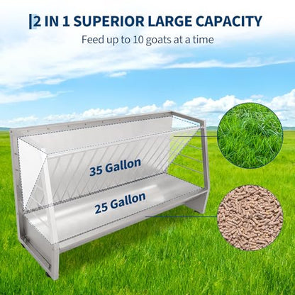 Garvee 5 ft Pasture Hay Feeder, Heavy Duty Galvanized Steel 2-in-1 Hay & Grain Feeder, 60 Gallon Large Capacity, Outdoor Livestock Feeder for Goats, Sheep, Pony & Miniature Horses