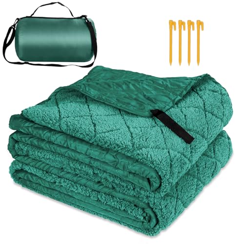 Waterproof Camping Blanket with Sherpa Lining 67”X 87”, Large Outdoor Blankets for Camping for Cold Weather, Windproof Stadium Blanket for Sports, Car, Picnic, Adults, Machine Washable, (Green, 1PCS) - color: Sherpa-green, size: 67"x 87"