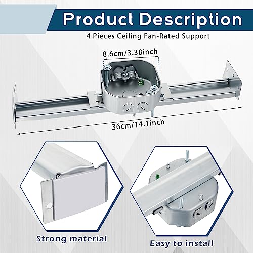 Therwen 4 Pcs Adjustable Ceiling Fan Electrical Box Brace Light Fixtures Ceiling Fan Mounting Bracket, 14.2 Inches in Length