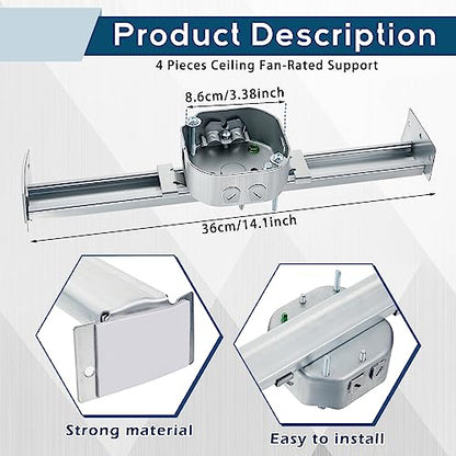 Therwen 4 Pcs Adjustable Ceiling Fan Electrical Box Brace Light Fixtures Ceiling Fan Mounting Bracket, 14.2 Inches in Length