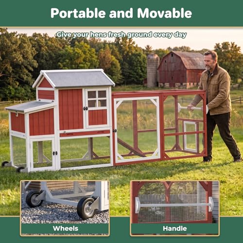 Large Chicken Coop with Wheels, Outdoor Hen House Tractor for 3-6 Chickens | 3 Nesting Boxes, 6 Access Doors, Pull-Out Tray, Mobile, Expandable, Easy-Clean, Breathable, 95"L - size: 95.0"L x 32.0"W x 45.0"H