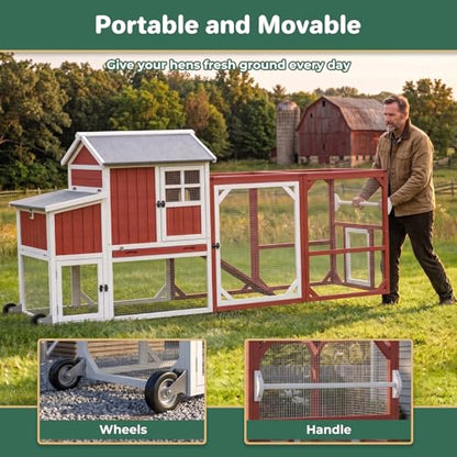 Large Chicken Coop with Wheels, Outdoor Hen House Tractor for 3-6 Chickens | 3 Nesting Boxes, 6 Access Doors, Pull-Out Tray, Mobile, Expandable, Easy-Clean, Breathable, 95"L - size: 95.0"L x 32.0"W x 45.0"H