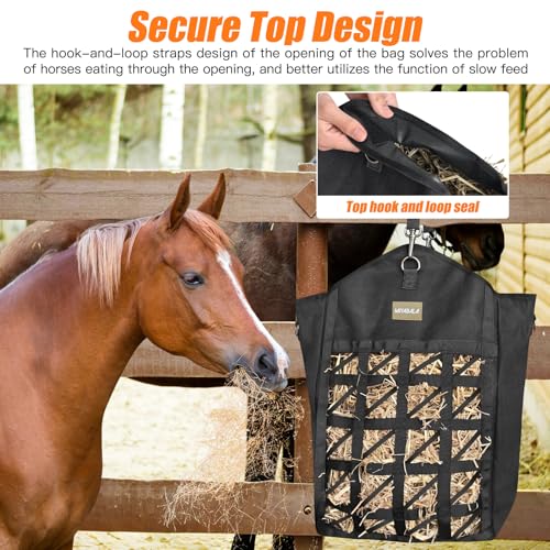 Ultra-Slow Feed Hay Bags for Horses,Two-Sided Premium Oxford Hay Bags with Large Opening,Top with Hook-and-Loop Closure,Adjustable Dual-Purpose Strap for Easy Hanging (Black, Large 2 Pack) - size: Large 2 Pack