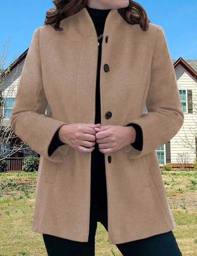 LIZALIG Women's Stand Collar Pea Coat Winter Long Sleeve Wool Blend Short Jackets Single Breasted Blazer Coat Outwear - color: Khaki, size: Medium