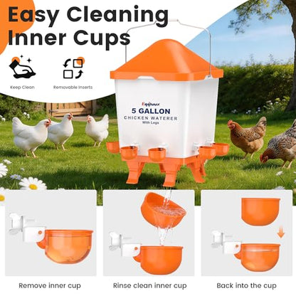 Eggluuz 5 Gallons Chicken Waterer Bucket with Chicken Water Cups, Adjustable Legs and Anti-Roost Cone