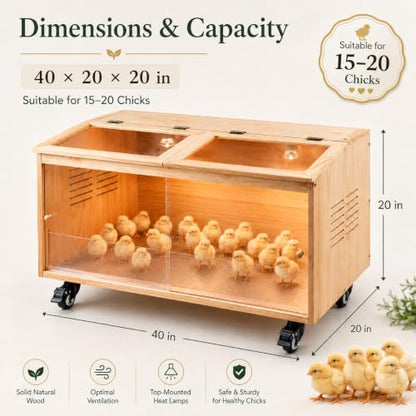 Brooder Box for Chicks, Premium Wooden Chicken Brooder Box with Heat Lamps, Thermostat & Locking Casters, Indoor Chick Brooder Box for Ducklings, Quail and Dwarf Hamster (40x20x20 in) - size: 40.0"L x 20.0"W x 20.0"H