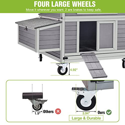 GUTINNEEN Large Chicken Coop on Wheels Mobile Wooden Hen House Weatherproof Duck Poultry Cage 67.3" L for 6-8 Chickens with 6 Nesting Box - size: 67.3"L x 40.0"W x 49.8"H