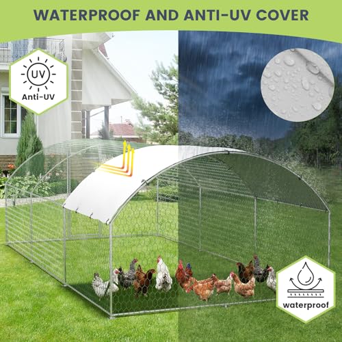Large Metal Chicken Coop, Large Chicken Coop for Yard, Walk-in Poultry Cage with Waterproof and Anti-Uv Cover, Chicken Run for Outdoor Backyard Farm, Doom Roof, 9.8×13.1×6.6ft - size: 9.8 x 13.1 x 6.6 ft