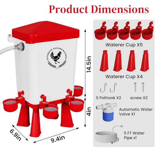 Chicken Waterer, 3 Gallons Automatic Chicken Waterers with 5ft Pipe, Float Controlled Automatic Poultry Water Feeder, 5 Chicken Waterer Cups (Red, 3 Gallons) - color: Red