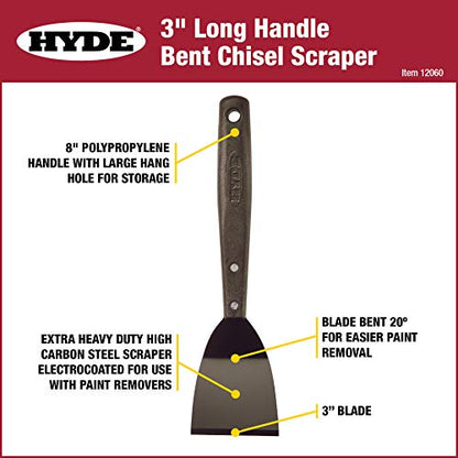 Hyde 8" Long-Handle Chisel Scraper, 3-inch Wide Angled Sharp Blade. Paint Removing, Flooring Scraper, Cabinet Scraper, Caulk Remover Tool, Removing Floor Tiles, Stripping Roofs