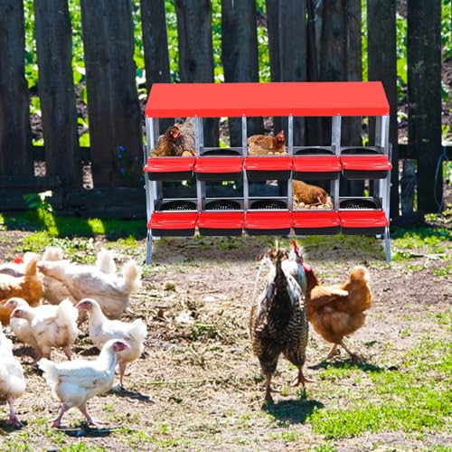 Chicken Nesting Boxes,10 Hole Metal Roll Away Eggs Laying Boxes with Ventilation Holes，Rustproof Plastic Tray & Keyhole Mounting, Cleanable Pull Out Nest Box for Hen & Duck, Red - color: Red, size: 10 holes with legs