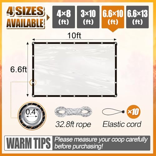 6.6x10Ft Chicken Coop Cover for Rain - Waterproof Durable Chicken Run Tarp with Elastic Cords & Rope, Easy to Install for Large Chicken Cage Walk-in Chicken Run Pen