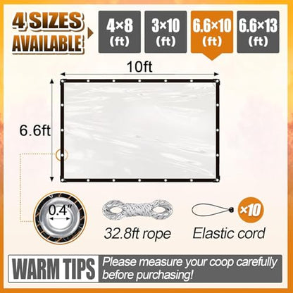 6.6x10Ft Chicken Coop Cover for Rain - Waterproof Durable Chicken Run Tarp with Elastic Cords & Rope, Easy to Install for Large Chicken Cage Walk-in Chicken Run Pen