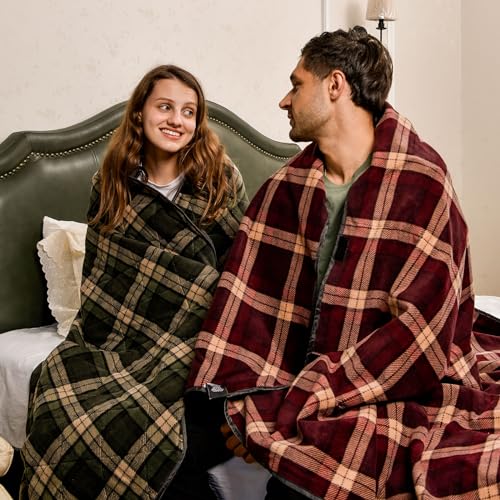 DUKUSEEK Large Waterproof Camping Blanket, Cold Weather Warm Fleece Blankets Windproof Triple Layers for Stadium,Camping, Concerts, Car, Dog - color: Wine Red Outer With Red Plaid Fleece