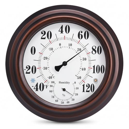 [Outdoor/Indoor] Thermometer Hygrometer, 10-inch Large Analog Wall Mounted Temperature and Humidity Monitor Gauge for Home, Patio, Garden, Garage, Cellar - Weatherproof & Easy to Read (Bronze)