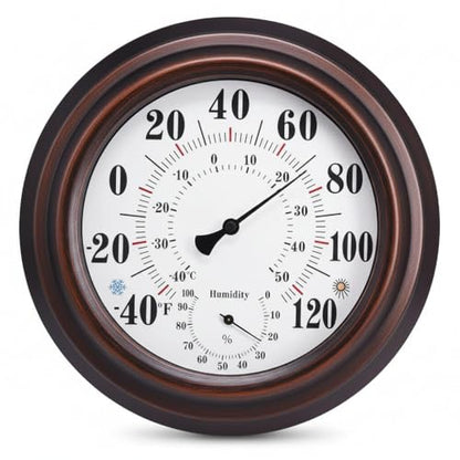 [Outdoor/Indoor] Thermometer Hygrometer, 10-inch Large Analog Wall Mounted Temperature and Humidity Monitor Gauge for Home, Patio, Garden, Garage, Cellar - Weatherproof & Easy to Read (Bronze)
