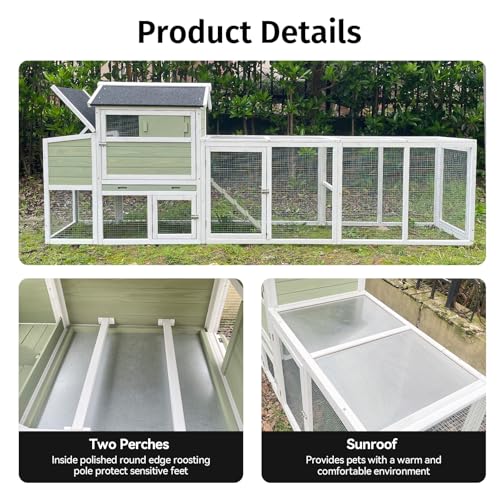 Chicken Coop, Large Chicken Coop with Run for 4-6 Chickens, Outdoor Hen House with 2 Nesting Boxes, Weatherproof Asphalt Roof, Pull-Out Tray, Perches, Ramp, Poultry Cage for Backyard Farm - color: Light Green