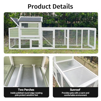 Chicken Coop, Large Chicken Coop with Run for 4-6 Chickens, Outdoor Hen House with 2 Nesting Boxes, Weatherproof Asphalt Roof, Pull-Out Tray, Perches, Ramp, Poultry Cage for Backyard Farm - color: Light Green