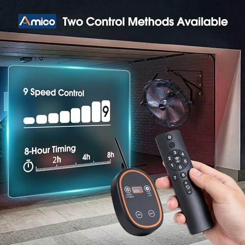 Amico 18 Inch Wall Mount Fan with Remote, 9-Speed Industrial Metal Fan, High Velocity Wall Fan with Brushless DC Motor, 4000 CFM Commercial Fans for Garage, Greenhouse, Warehouse, shop, Patio, Outdoor - size: 18 inch