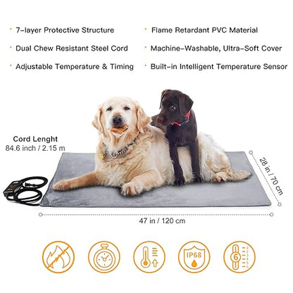 Toozey XL Pet Heating Pad, Waterproof & Chew Resistant, 6 Temp Settings with Timer, 47x28 in for Dogs & Cats - color: Grey, size: 47.0"L x 28.0"W x 0.6"Th