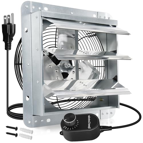 Hiorucet 10 Inch Shutter Exhaust Fan with Speed Controller and Power Cord Kit for Garage, Greenhouse, Attics, Chicken Coop, Shed, Basement, 844CFM 1606RPM Low Noise Wall Mounted Louvered Exhaust Fan. - color: With Speed Controller & Power Cord Kit, size: