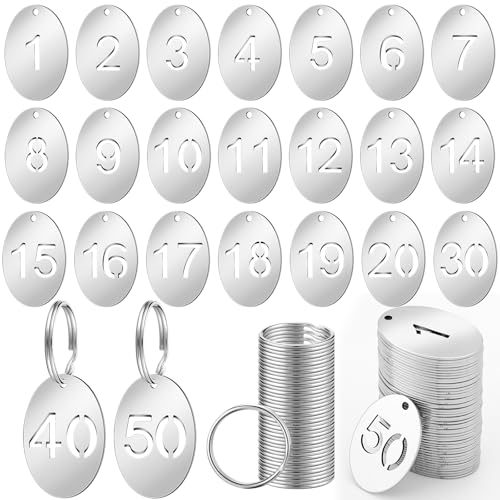 Yaocom 50 Pcs Hollowed Metal Numbered Tags Stainless Steel Number Key Number Labels Coat Check ID Tags with Key Rings Chain for Backpack Hooks Dormitory Keys House Lockers(Oval, 1-50) - style: Oval, 1-50